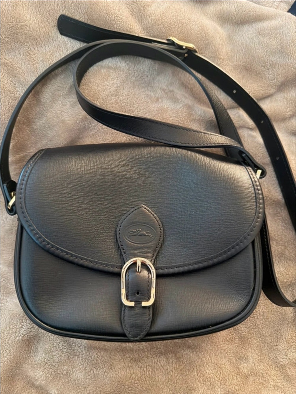 Longchamp Black Leather Crossbody with Buckle Detail